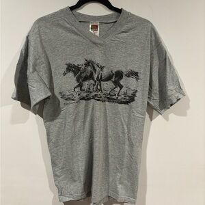 Fruit of the Loom Gray V-Neck T-Shirt with Horse Design